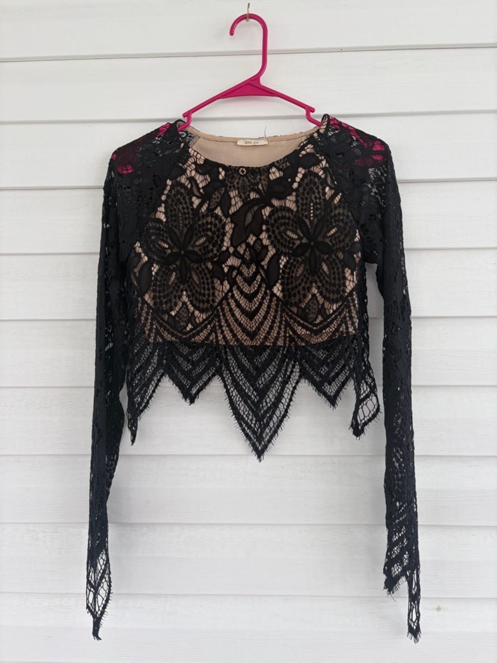 San Joy Black Lace Floral Crop Top Sheer Feminine Going Out Top